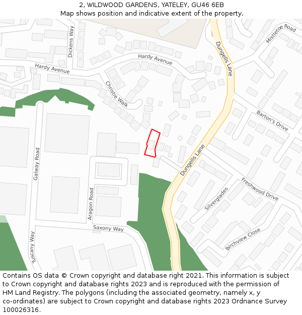 2, WILDWOOD GARDENS, YATELEY, GU46 6EB: Location map and indicative extent of plot