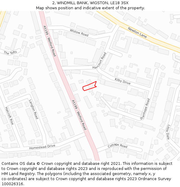 2, WINDMILL BANK, WIGSTON, LE18 3SX: Location map and indicative extent of plot