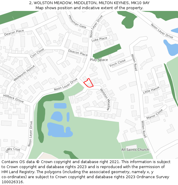 2, WOLSTON MEADOW, MIDDLETON, MILTON KEYNES, MK10 9AY: Location map and indicative extent of plot