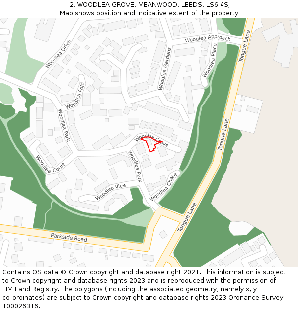 2, WOODLEA GROVE, MEANWOOD, LEEDS, LS6 4SJ: Location map and indicative extent of plot