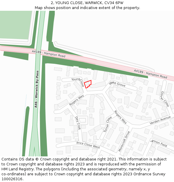 2, YOUNG CLOSE, WARWICK, CV34 6PW: Location map and indicative extent of plot