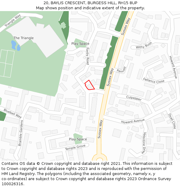 20, BAYLIS CRESCENT, BURGESS HILL, RH15 8UP: Location map and indicative extent of plot