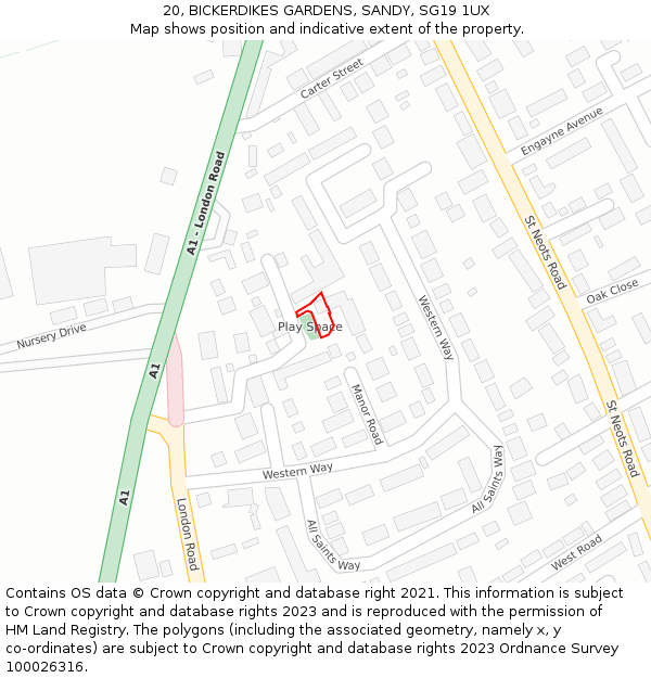 20, BICKERDIKES GARDENS, SANDY, SG19 1UX: Location map and indicative extent of plot