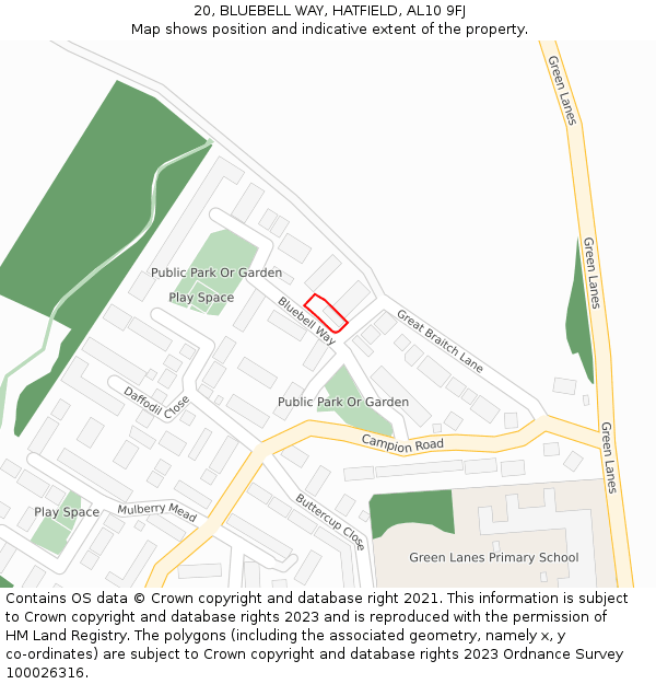 20, BLUEBELL WAY, HATFIELD, AL10 9FJ: Location map and indicative extent of plot