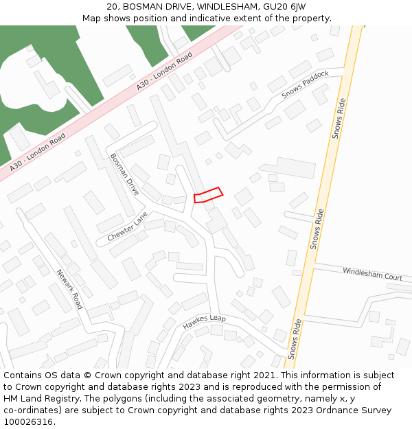 20, BOSMAN DRIVE, WINDLESHAM, GU20 6JW: Location map and indicative extent of plot