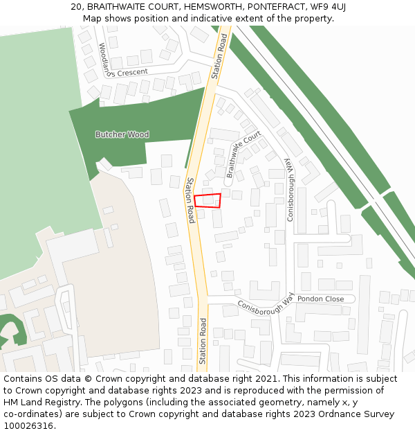 20, BRAITHWAITE COURT, HEMSWORTH, PONTEFRACT, WF9 4UJ: Location map and indicative extent of plot