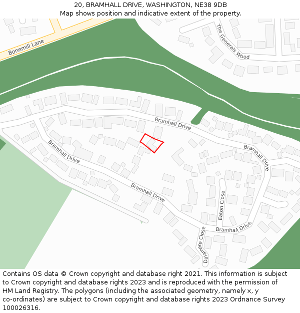 20, BRAMHALL DRIVE, WASHINGTON, NE38 9DB: Location map and indicative extent of plot