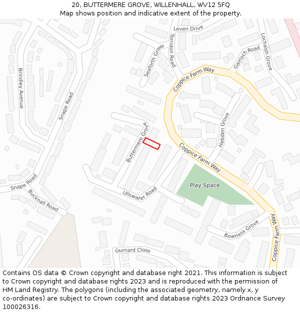 20, BUTTERMERE GROVE, WILLENHALL, WV12 5FQ: Location map and indicative extent of plot