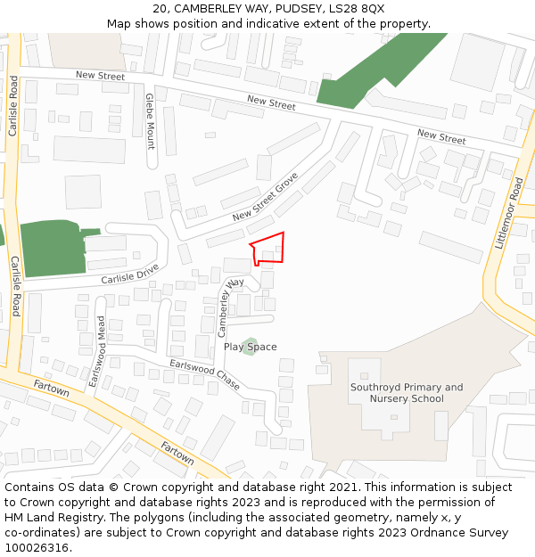 20, CAMBERLEY WAY, PUDSEY, LS28 8QX: Location map and indicative extent of plot