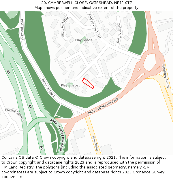 20, CAMBERWELL CLOSE, GATESHEAD, NE11 9TZ: Location map and indicative extent of plot