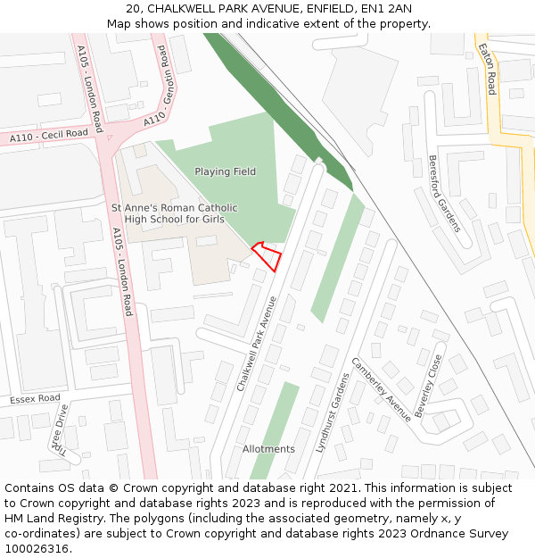 20, CHALKWELL PARK AVENUE, ENFIELD, EN1 2AN: Location map and indicative extent of plot