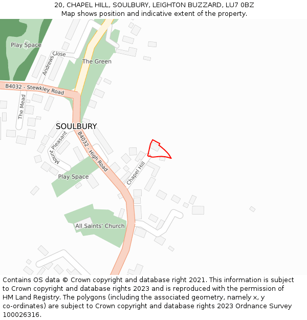 20, CHAPEL HILL, SOULBURY, LEIGHTON BUZZARD, LU7 0BZ: Location map and indicative extent of plot