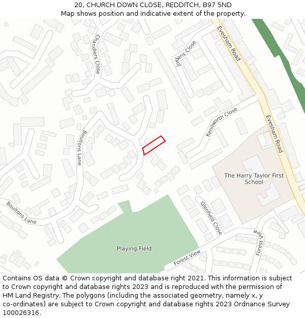 20, CHURCH DOWN CLOSE, REDDITCH, B97 5ND: Location map and indicative extent of plot