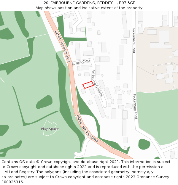 20, FAIRBOURNE GARDENS, REDDITCH, B97 5GE: Location map and indicative extent of plot