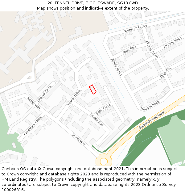 20, FENNEL DRIVE, BIGGLESWADE, SG18 8WD: Location map and indicative extent of plot