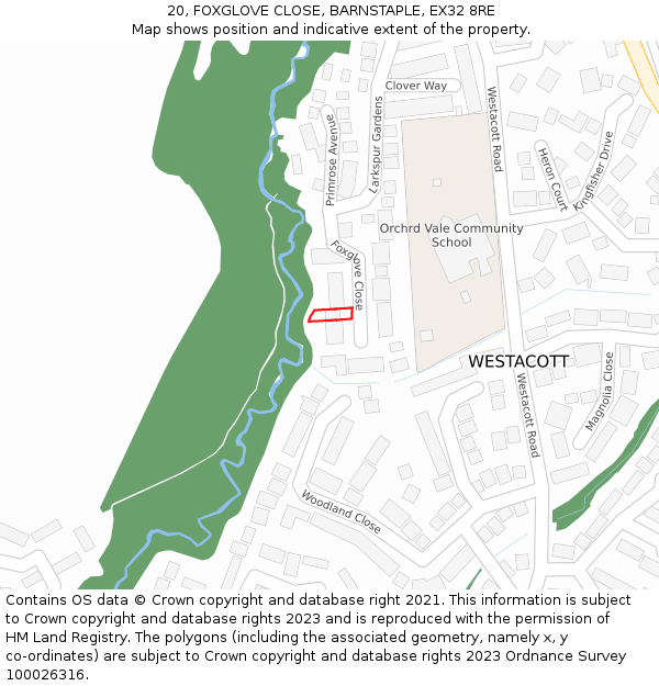 20, FOXGLOVE CLOSE, BARNSTAPLE, EX32 8RE: Location map and indicative extent of plot