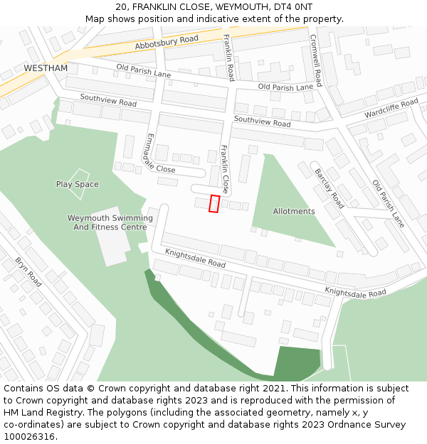 20, FRANKLIN CLOSE, WEYMOUTH, DT4 0NT: Location map and indicative extent of plot