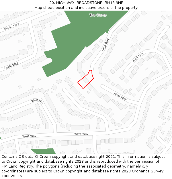 20, HIGH WAY, BROADSTONE, BH18 9NB: Location map and indicative extent of plot