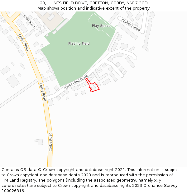 20, HUNTS FIELD DRIVE, GRETTON, CORBY, NN17 3GD: Location map and indicative extent of plot
