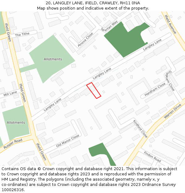 20, LANGLEY LANE, IFIELD, CRAWLEY, RH11 0NA: Location map and indicative extent of plot