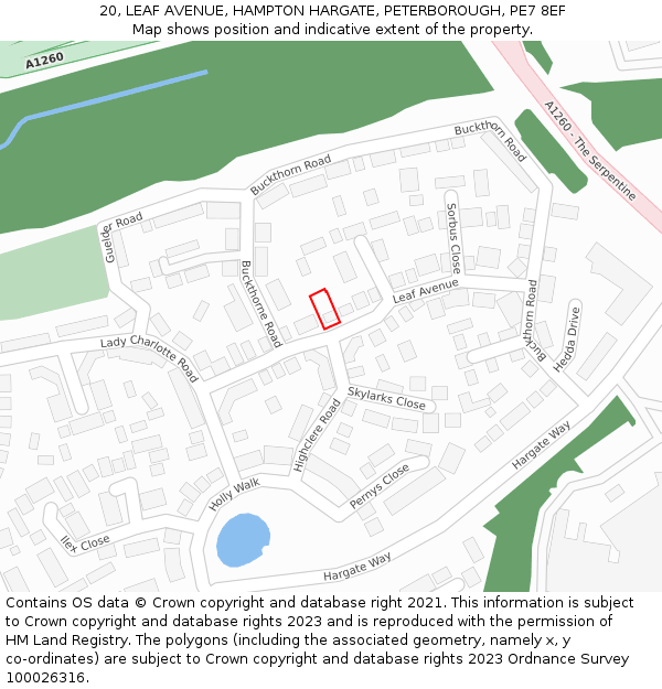 20, LEAF AVENUE, HAMPTON HARGATE, PETERBOROUGH, PE7 8EF: Location map and indicative extent of plot