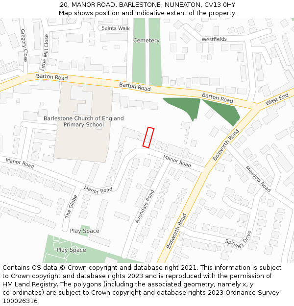 20, MANOR ROAD, BARLESTONE, NUNEATON, CV13 0HY: Location map and indicative extent of plot