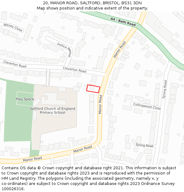 20, MANOR ROAD, SALTFORD, BRISTOL, BS31 3DN: Location map and indicative extent of plot