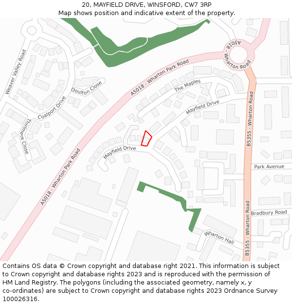 20, MAYFIELD DRIVE, WINSFORD, CW7 3RP: Location map and indicative extent of plot