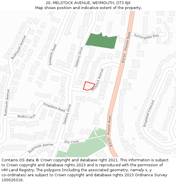 20, MELSTOCK AVENUE, WEYMOUTH, DT3 6JX: Location map and indicative extent of plot