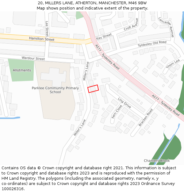 20, MILLERS LANE, ATHERTON, MANCHESTER, M46 9BW: Location map and indicative extent of plot