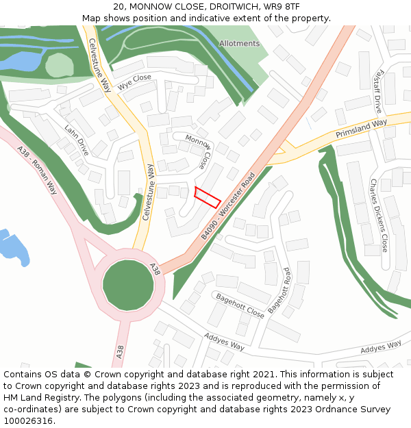 20, MONNOW CLOSE, DROITWICH, WR9 8TF: Location map and indicative extent of plot