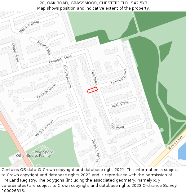 20, OAK ROAD, GRASSMOOR, CHESTERFIELD, S42 5YB: Location map and indicative extent of plot