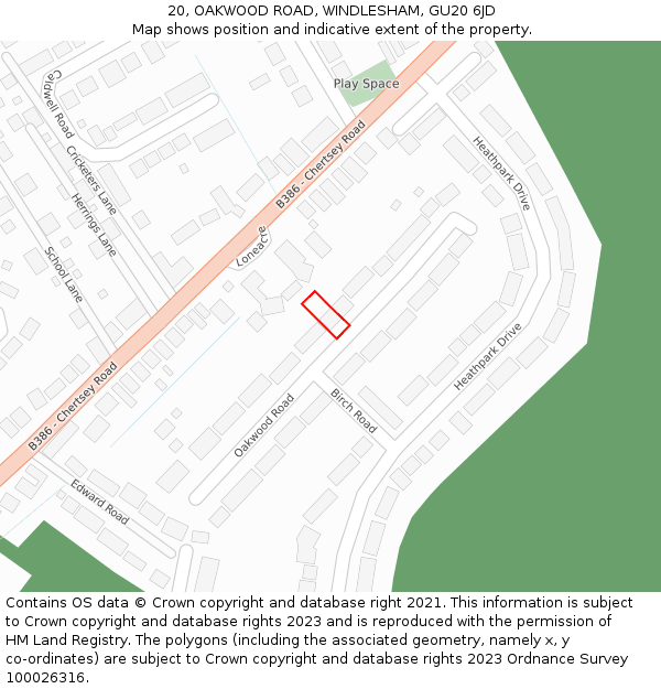 20, OAKWOOD ROAD, WINDLESHAM, GU20 6JD: Location map and indicative extent of plot