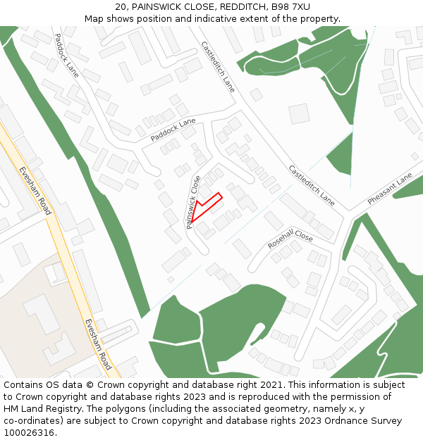 20, PAINSWICK CLOSE, REDDITCH, B98 7XU: Location map and indicative extent of plot