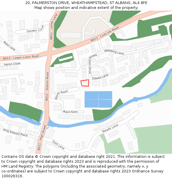 20, PALMERSTON DRIVE, WHEATHAMPSTEAD, ST ALBANS, AL4 8FE: Location map and indicative extent of plot