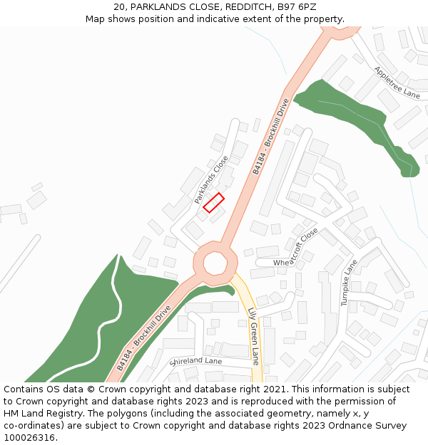 20, PARKLANDS CLOSE, REDDITCH, B97 6PZ: Location map and indicative extent of plot