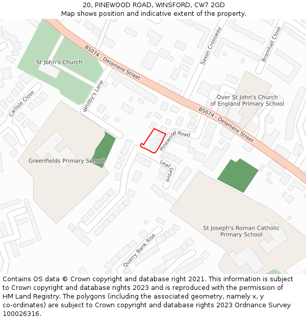 20, PINEWOOD ROAD, WINSFORD, CW7 2GD: Location map and indicative extent of plot