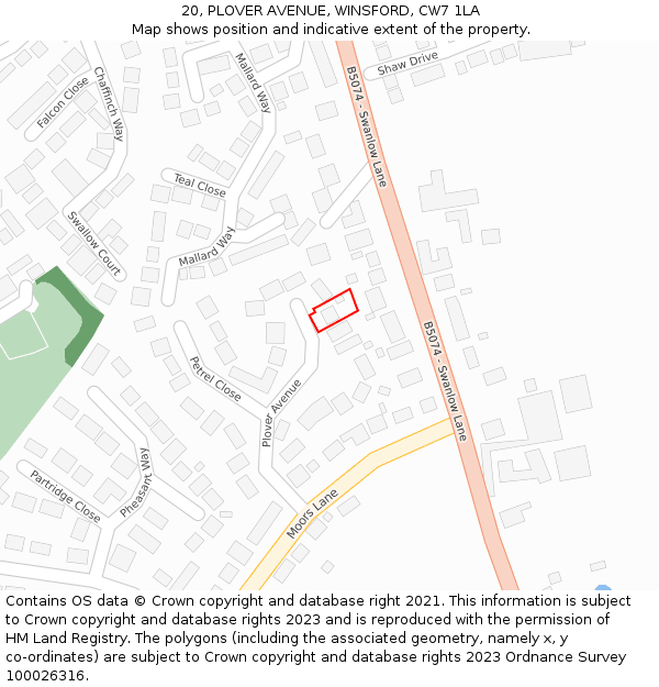 20, PLOVER AVENUE, WINSFORD, CW7 1LA: Location map and indicative extent of plot