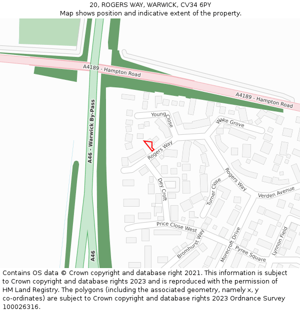 20, ROGERS WAY, WARWICK, CV34 6PY: Location map and indicative extent of plot