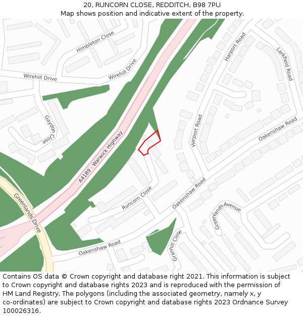 20, RUNCORN CLOSE, REDDITCH, B98 7PU: Location map and indicative extent of plot