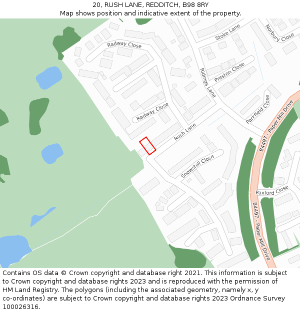 20, RUSH LANE, REDDITCH, B98 8RY: Location map and indicative extent of plot