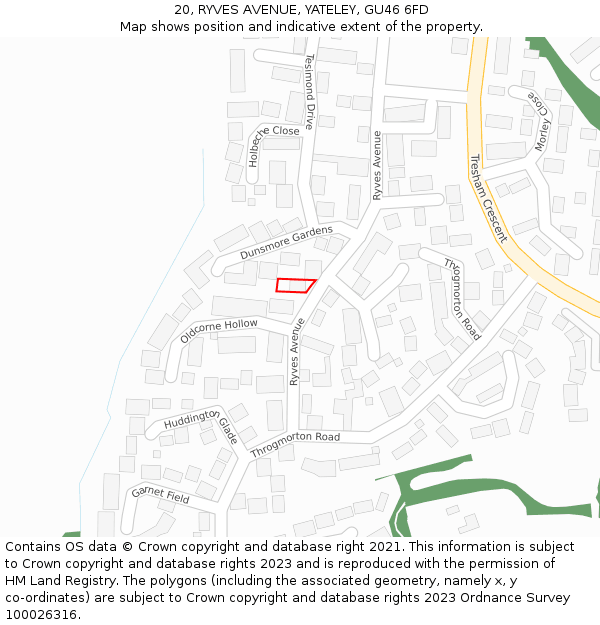 20, RYVES AVENUE, YATELEY, GU46 6FD: Location map and indicative extent of plot