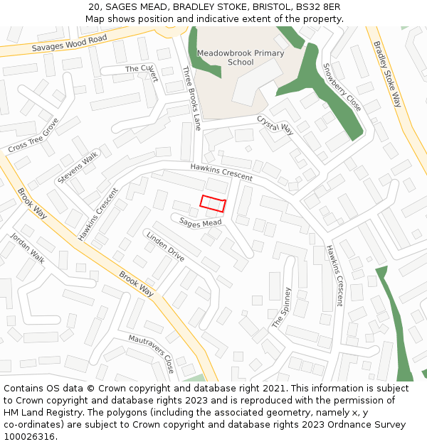 20, SAGES MEAD, BRADLEY STOKE, BRISTOL, BS32 8ER: Location map and indicative extent of plot