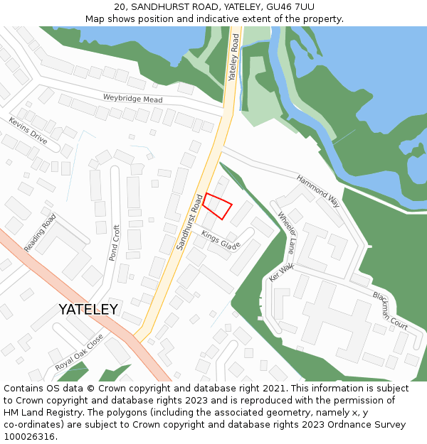 20, SANDHURST ROAD, YATELEY, GU46 7UU: Location map and indicative extent of plot