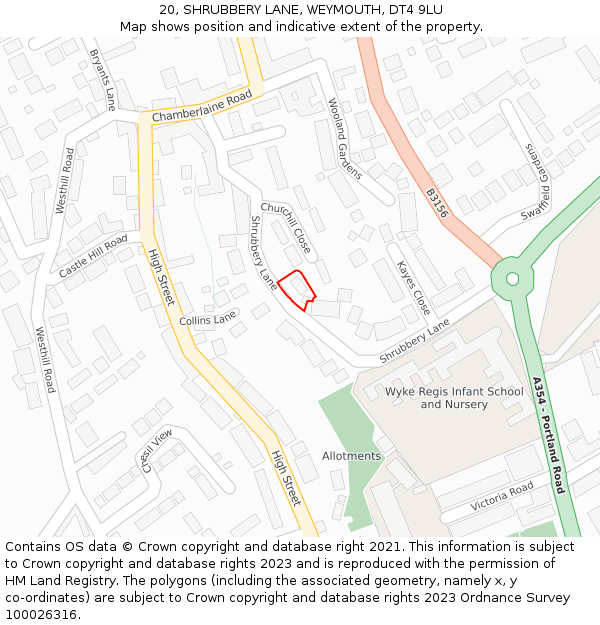 20, SHRUBBERY LANE, WEYMOUTH, DT4 9LU: Location map and indicative extent of plot