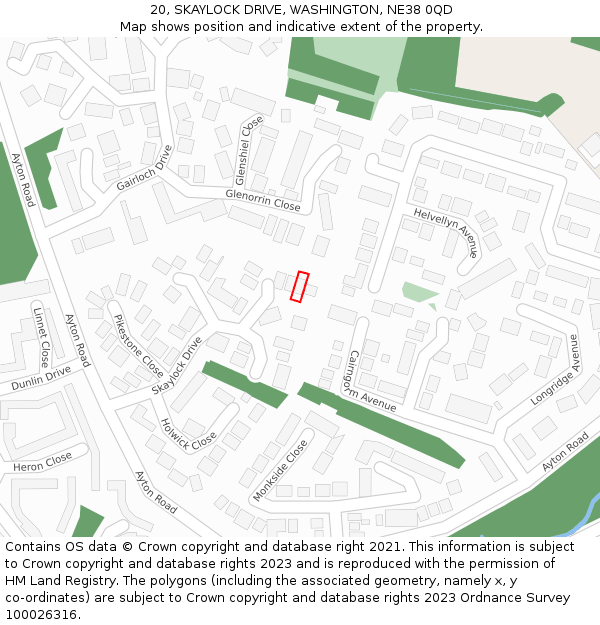 20, SKAYLOCK DRIVE, WASHINGTON, NE38 0QD: Location map and indicative extent of plot