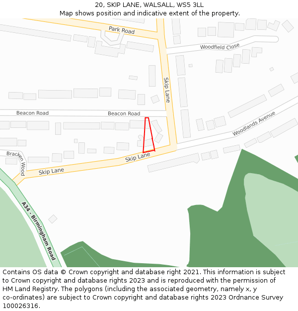 20, SKIP LANE, WALSALL, WS5 3LL: Location map and indicative extent of plot