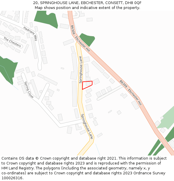 20, SPRINGHOUSE LANE, EBCHESTER, CONSETT, DH8 0QF: Location map and indicative extent of plot