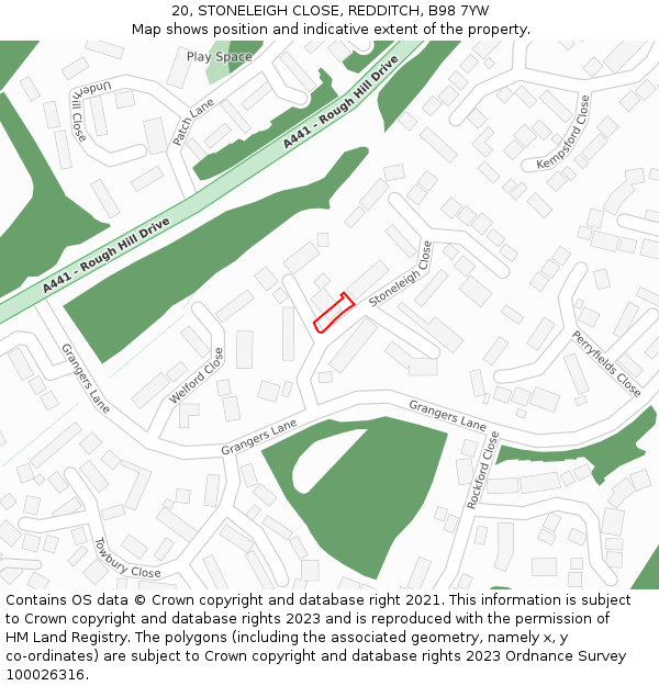 20, STONELEIGH CLOSE, REDDITCH, B98 7YW: Location map and indicative extent of plot