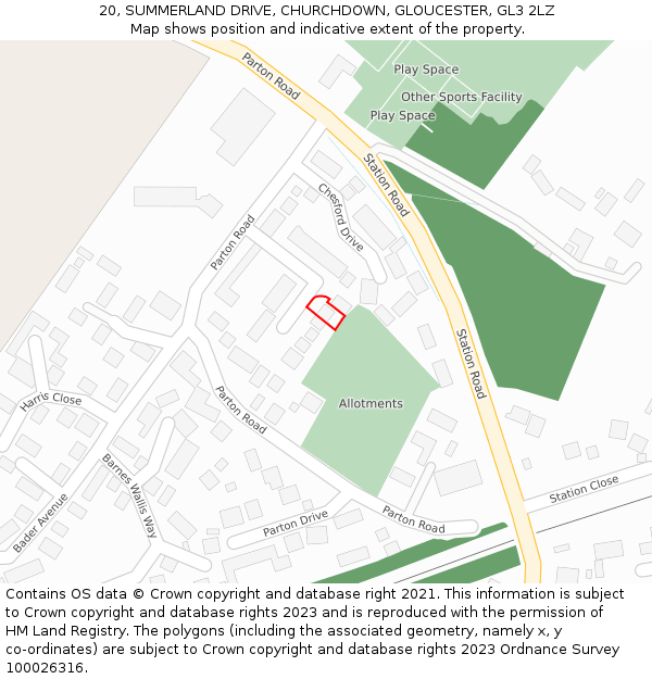 20, SUMMERLAND DRIVE, CHURCHDOWN, GLOUCESTER, GL3 2LZ: Location map and indicative extent of plot